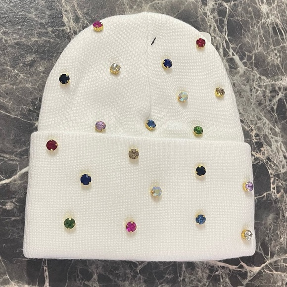 Custom Bedazzled White Unisex Beanie – Hand-Sewn Colorful Rhinestones - Picture 5 of 6